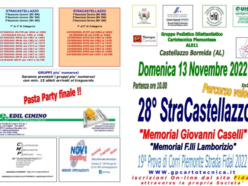 Domenica 13 Novembre si correrá la XXVIII°STRA CASTELLAZZO