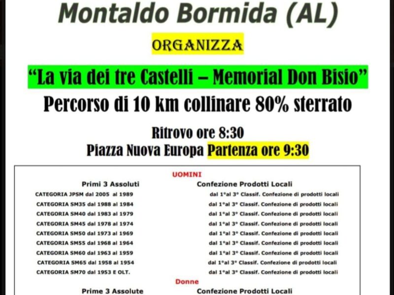 Domenica 19 marzo si torna a correre a Montaldo Bormida: “la Via dei Tre Castelli”