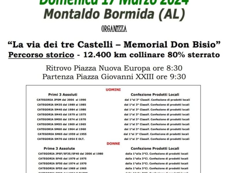 DOMENICA 17 MARZO A MONTALDO BORMIDA SI CORRERÀ “LA VIA DEI TRE CASTELLI”